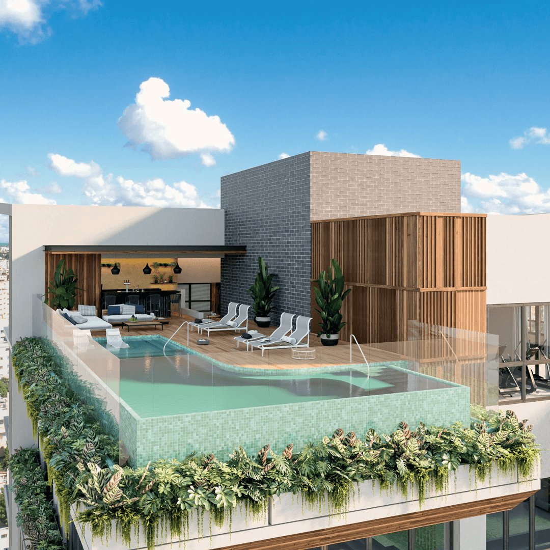 Piscina infinita con terraza deck en madera sintética